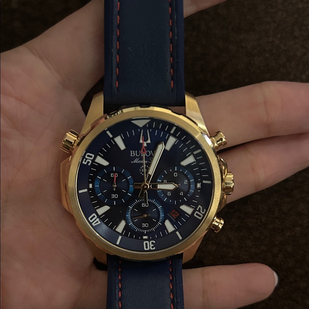 SOLDBulova Men's Gold Marine Start Blue Chronograph Watch